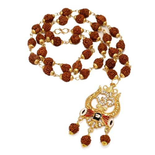 36 Beads 9mm Gold Pleated Cap Rudraksha Mala with Trishul Locket Chain
