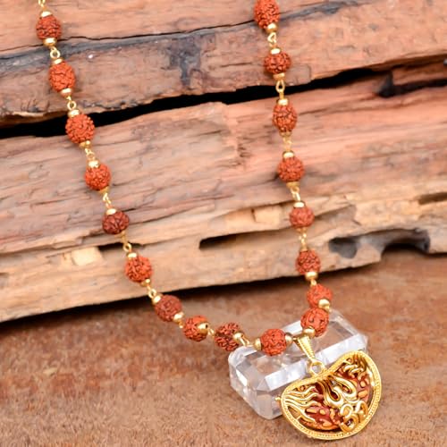 36 Beads 9mm Gold Pleated Cap Rudraksha Mala Chain with 1 Mukhi OM Locket