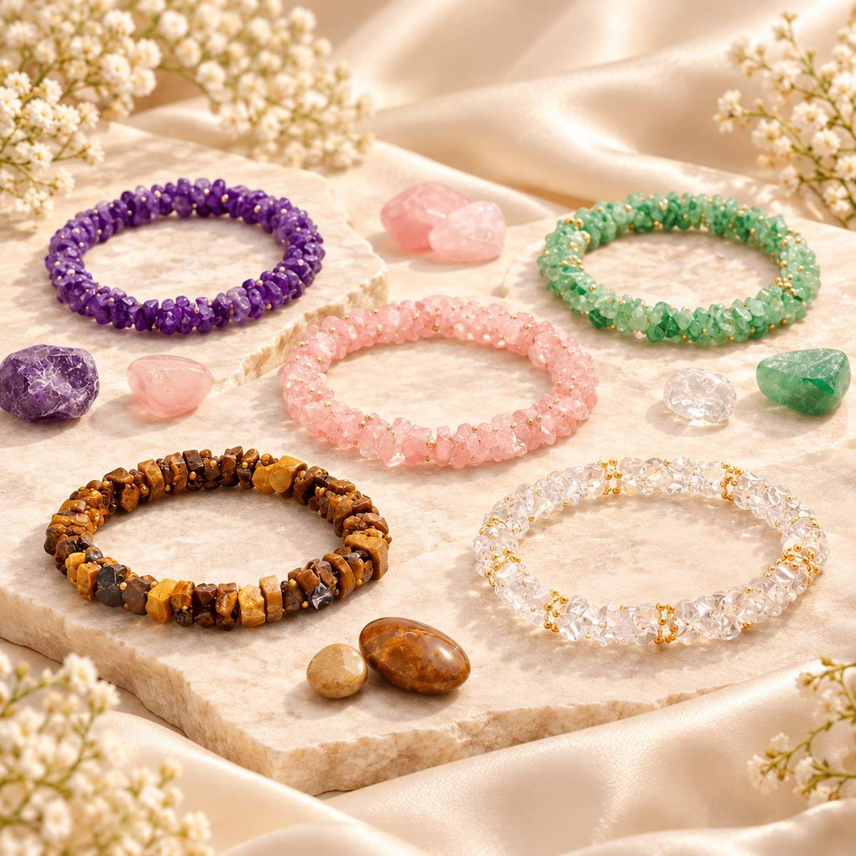 Chip Bracelet Collection on a light champagne shadow background