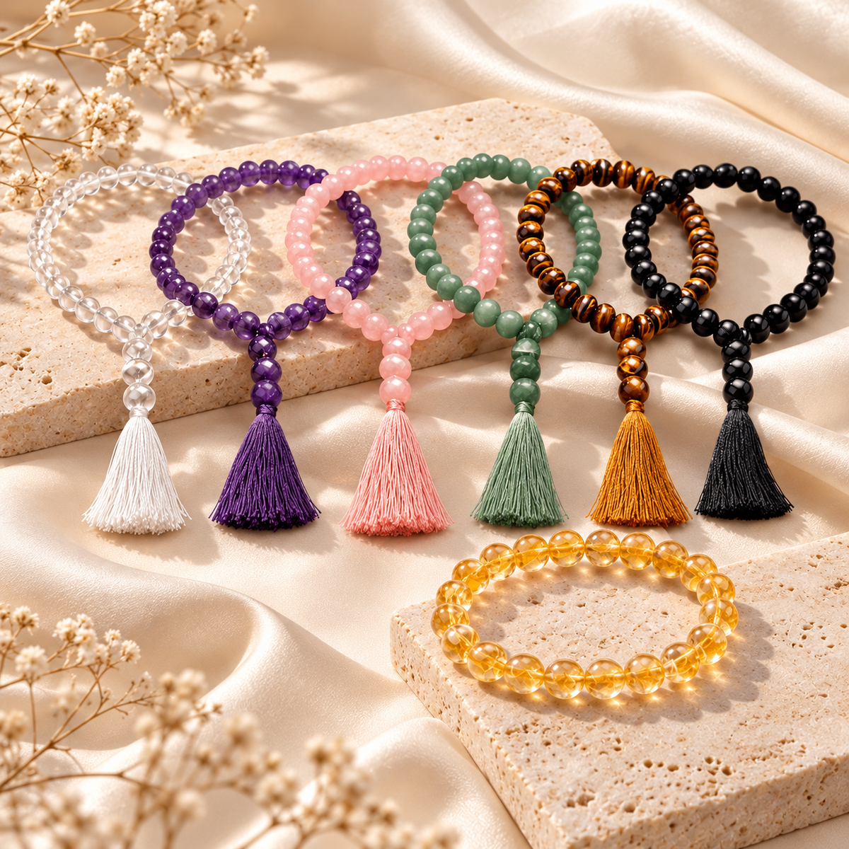 Crystal & Gemstone Bead Strings on a light champagne shadow background