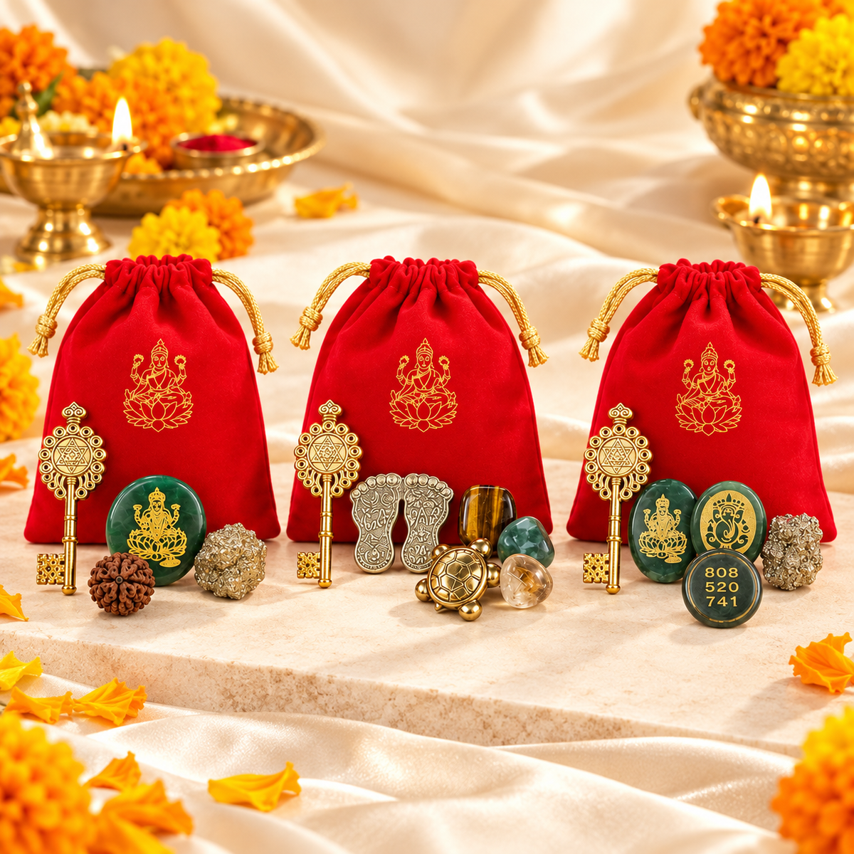 Diwali Gift Potlis on a light champagne shadow background