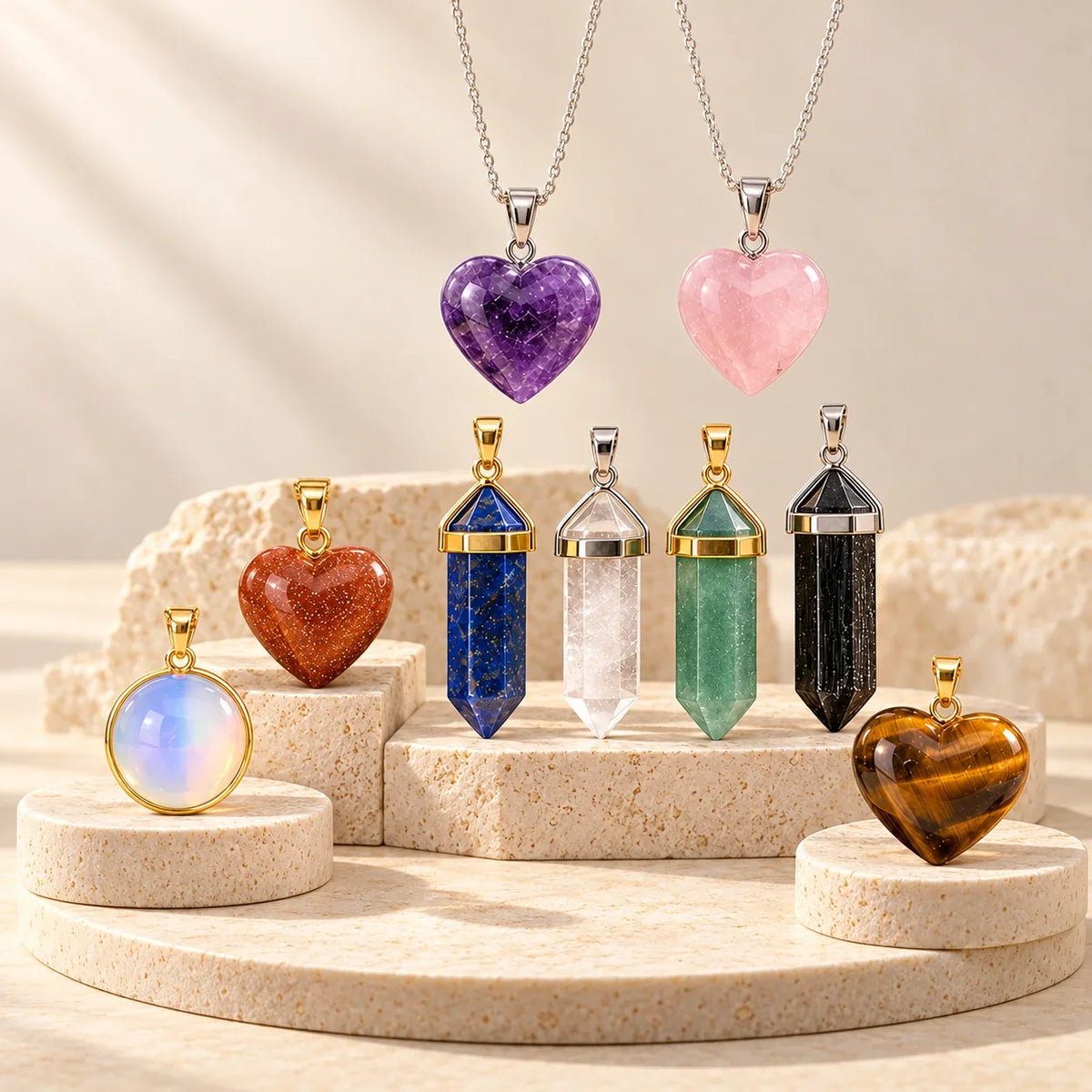 Crystal & Gemstone Pendants on cream stone displays
