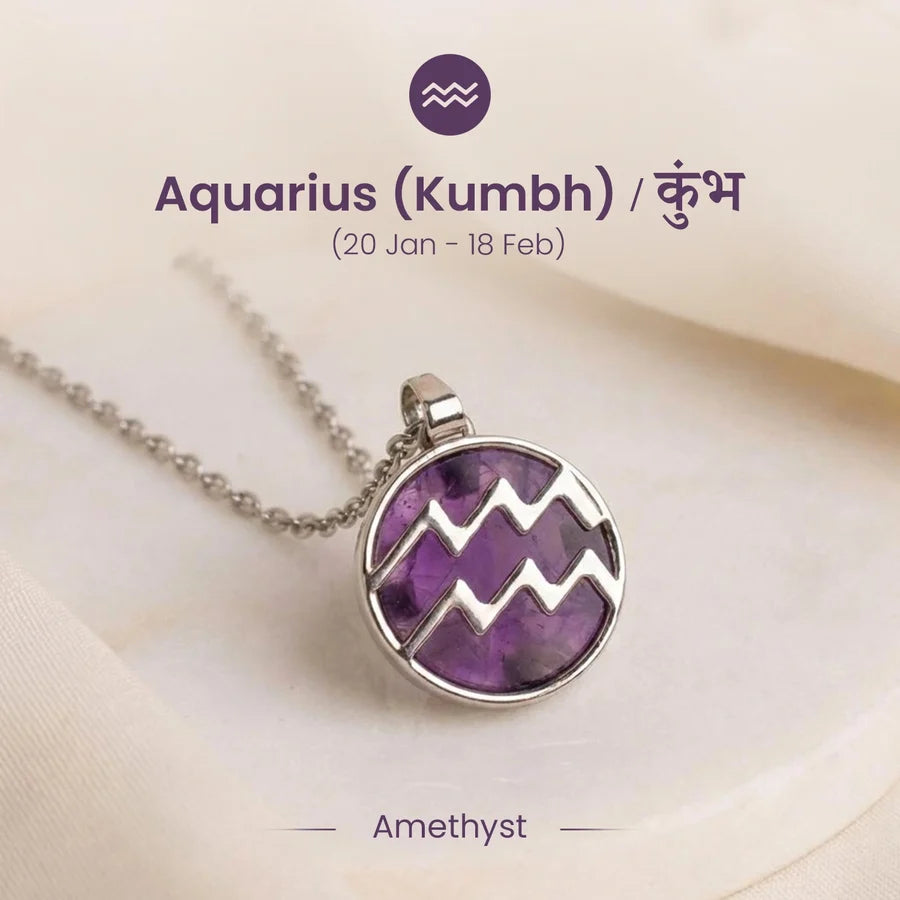 Aquarius Kumbh Zodiac Pendant with Amethyst crystal by Good Habiitss