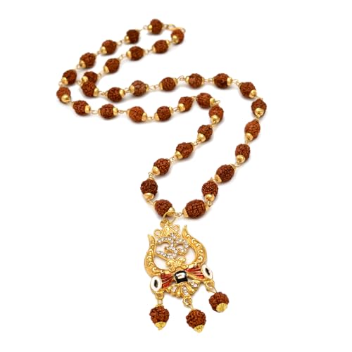 36 Beads 9mm Gold Pleated Cap Rudraksha Mala with Trishul Locket Chain