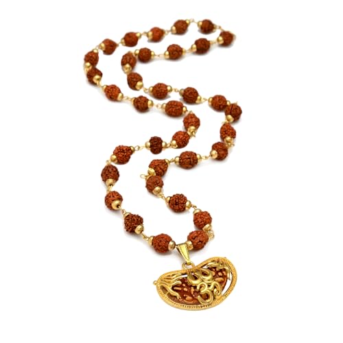 36 Beads 9mm Gold Pleated Cap Rudraksha Mala Chain with 1 Mukhi OM Locket