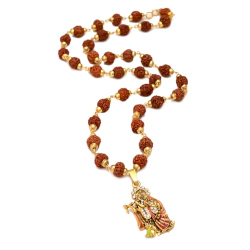 36 Beads 9mm Gold Pleated Cap Rudraksha Mala Chain with Radha Krishna Locket