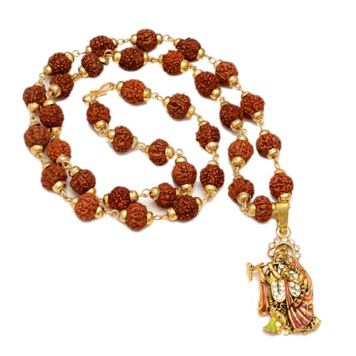 36 Beads 9mm Gold Pleated Cap Rudraksha Mala Chain with Radha Krishna Locket