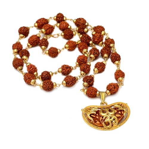 36 Beads 9mm Gold Pleated Cap Rudraksha Mala Chain with 1 Mukhi OM Locket