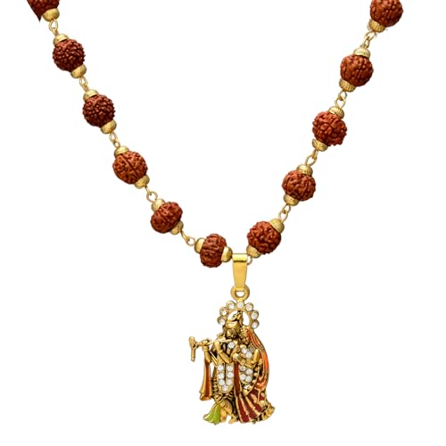 36 Beads 9mm Gold Pleated Cap Rudraksha Mala Chain with Radha Krishna Locket