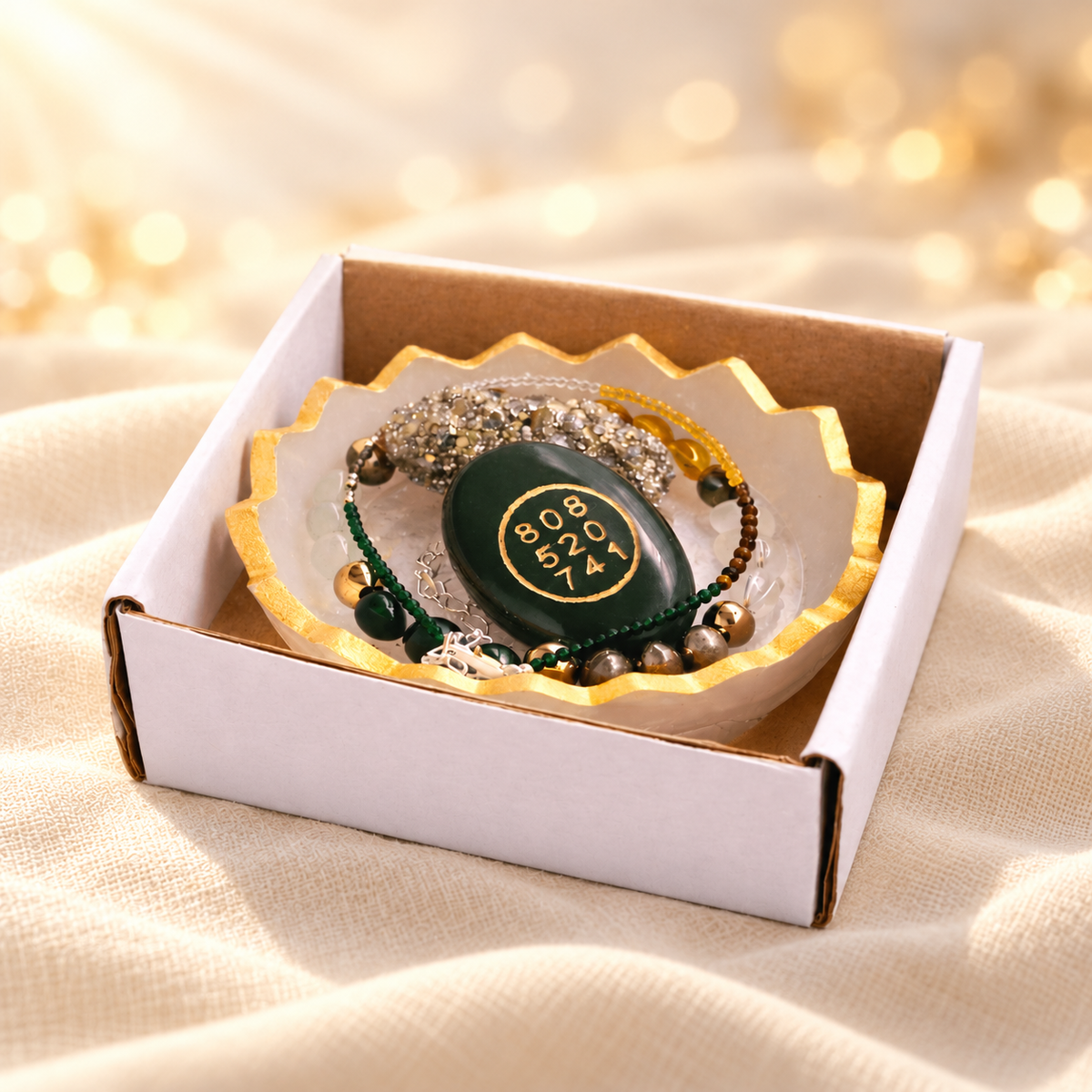 5-Piece Crystal Gift Set – Bracelet, Anklet & Pyrite on warm cream linen