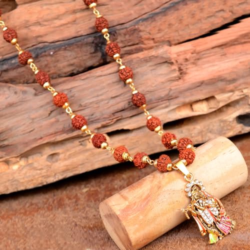 36 Beads 9mm Gold Pleated Cap Rudraksha Mala Chain with Radha Krishna Locket