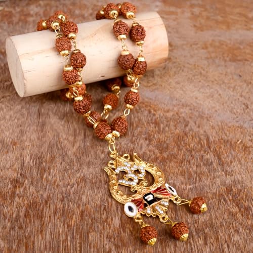 36 Beads 9mm Gold Pleated Cap Rudraksha Mala with Trishul Locket Chain