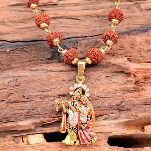 36 Beads 9mm Gold Pleated Cap Rudraksha Mala Chain with Radha Krishna Locket