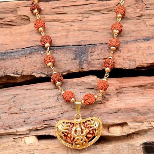 36 Beads 9mm Gold Pleated Cap Rudraksha Mala Chain with 1 Mukhi OM Locket