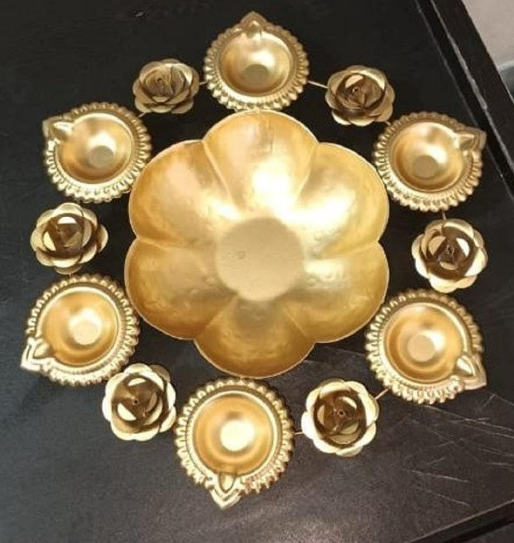 6 Flowers 6 Diyas Golden Decorative Metal Urli Bowl-12 inches