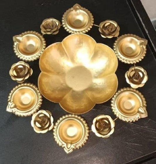 6 Flowers 6 Diyas Golden Decorative Metal Urli Bowl-12 inches
