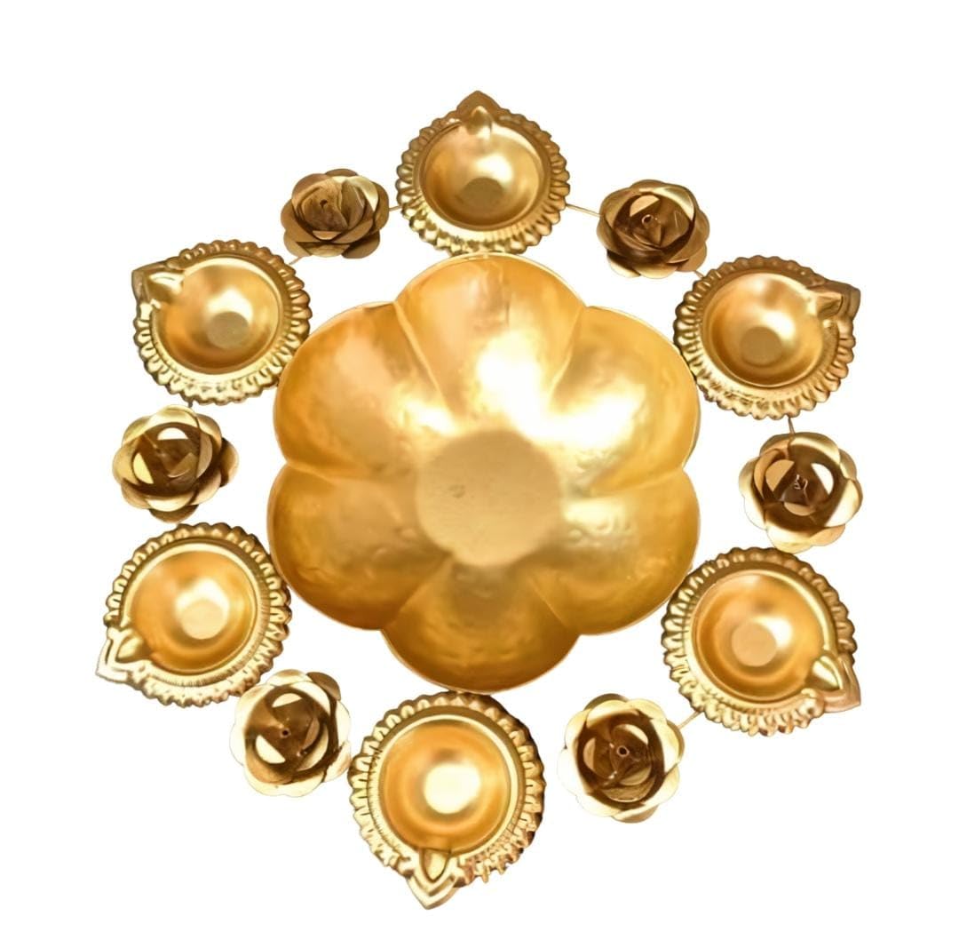 6 Flowers 6 Diyas Golden Decorative Metal Urli Bowl-12 inches