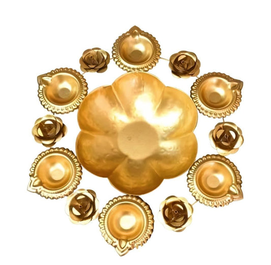 6 Flowers 6 Diyas Golden Decorative Metal Urli Bowl-12 inches