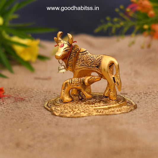 Kamdhenu Cow with Calf Metal Statue