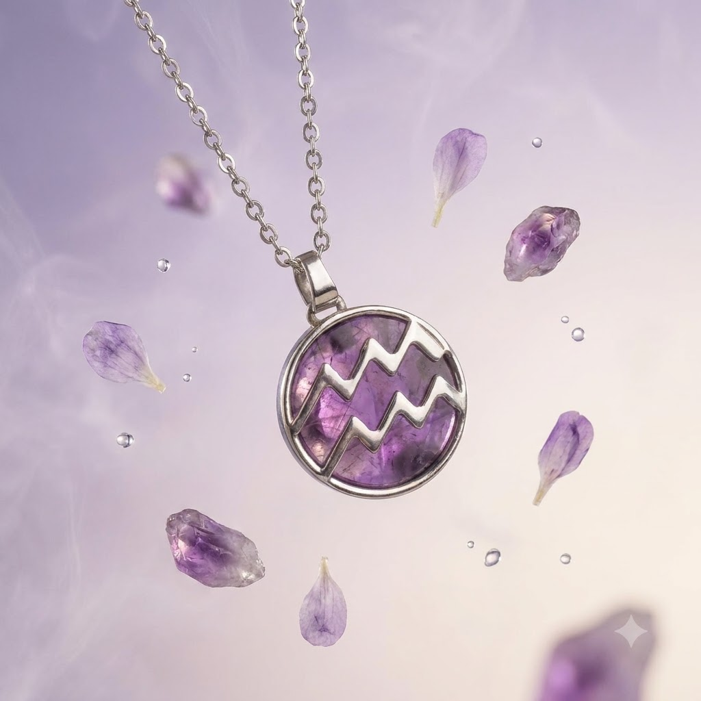 Aquarius (Kumbh) Zodiac Pendant | Amethyst Crystal | Kumbh Rashi Necklace