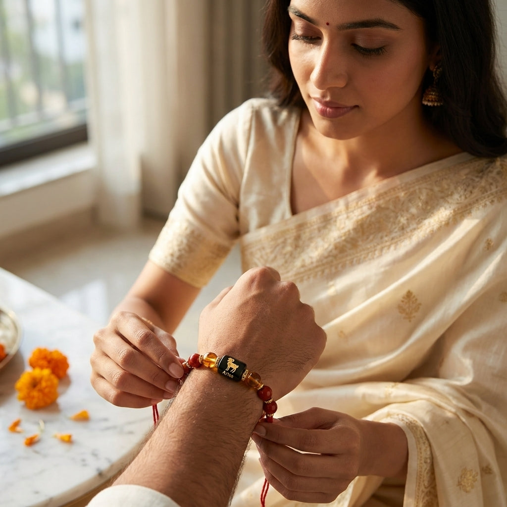 Aries Zodiac Rakhi (Mesh Rashi) with Red Jasper Crystal