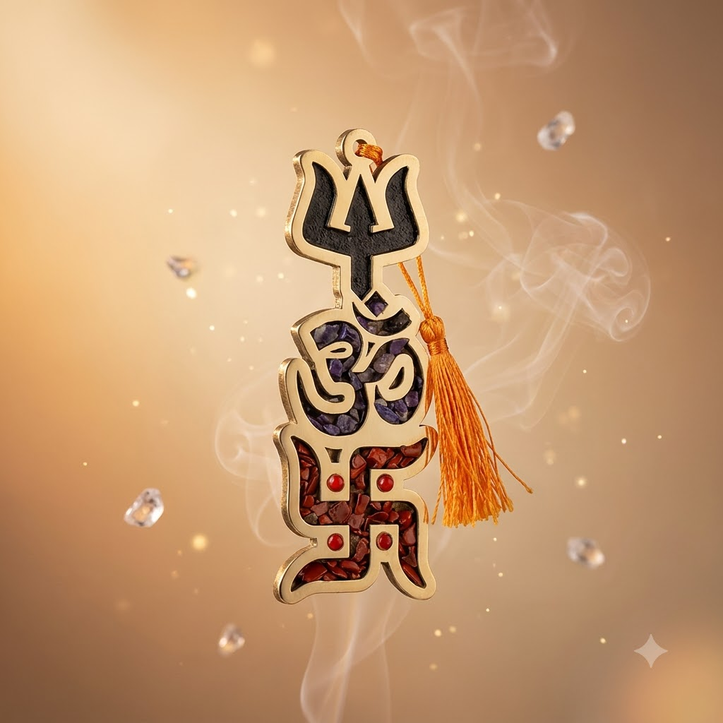 Trishul Om Swastik Crystal Wall Hanging – Divine Shiva Trishul • Om • Swastik | Red Crystal Chips | Spiritual Home & Car Decor