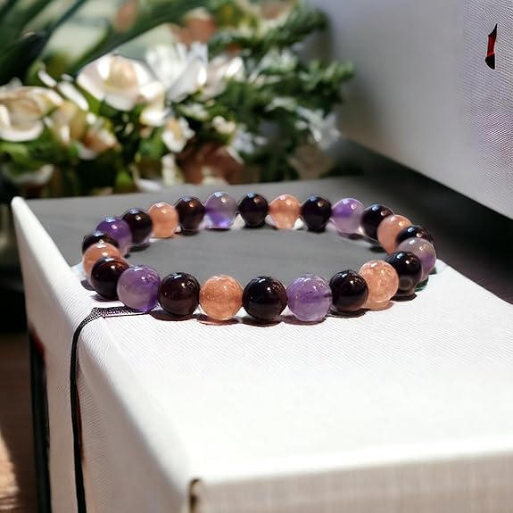 8mm Multi-Crystal Bracelet – Sunstone, Red Tiger Eye & Amethyst