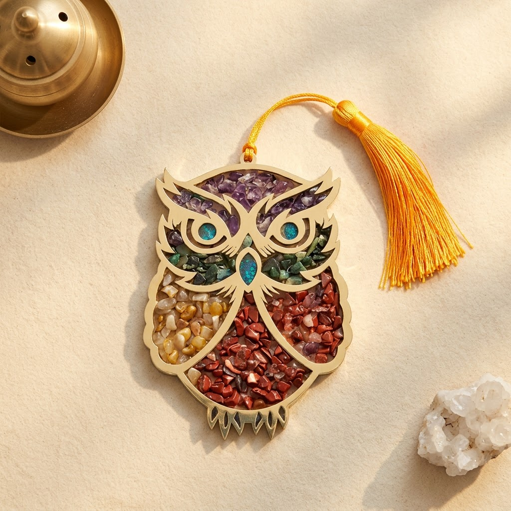 Crystal Owl Wall Hanger – Mixed Healing Crystal Chips in Wooden Laser-Cut Owl | Wisdom • Protection • Positive Energy