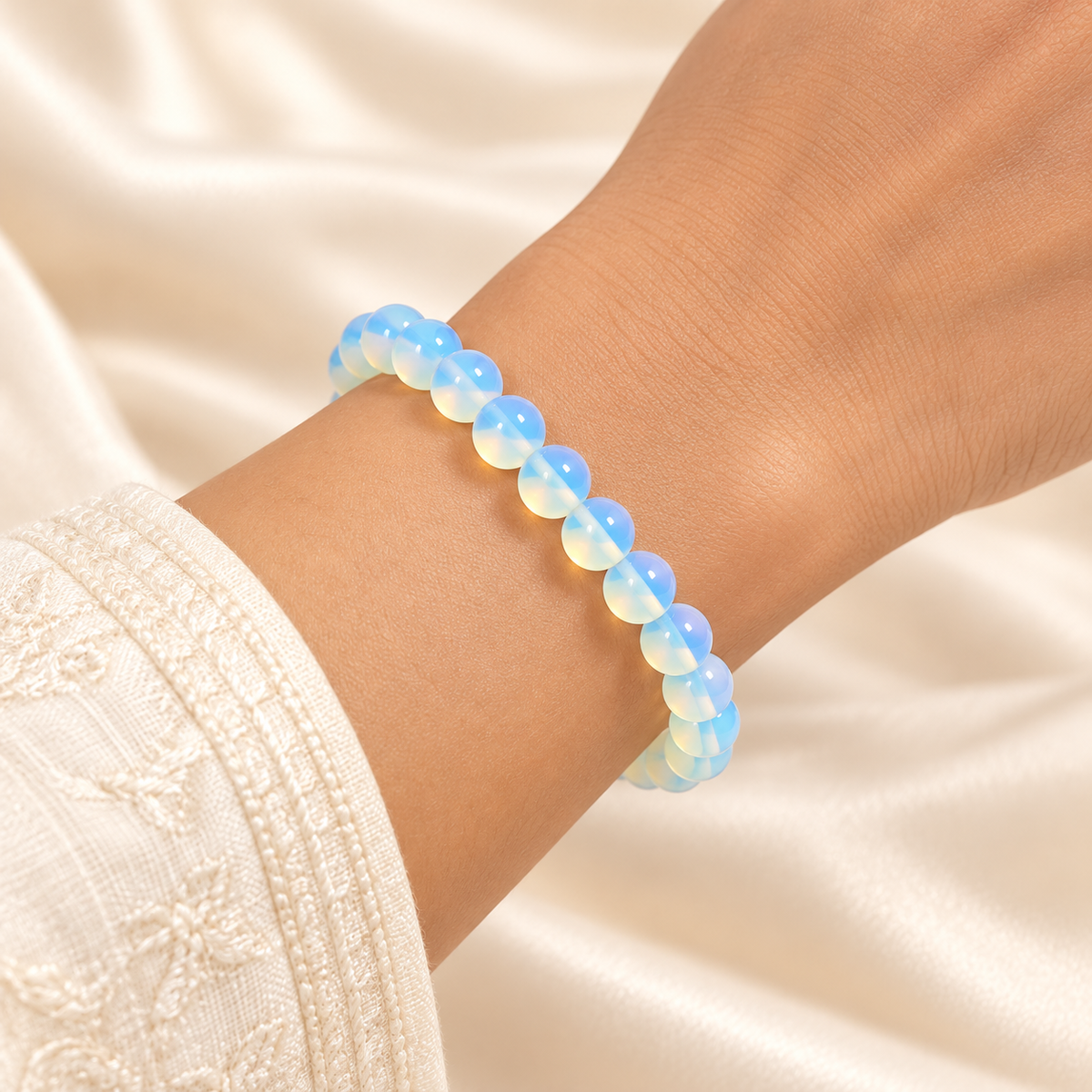 Opalite Bracelet – 8mm Synthetic Bead Jewellery — illustrative wrist view