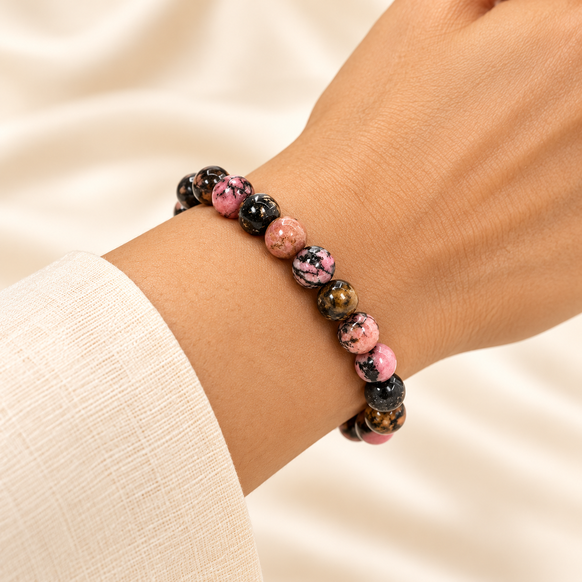 Natural Matrix Rhodonite Bracelet – 8mm Gemstone Jewellery — illustrative wrist view