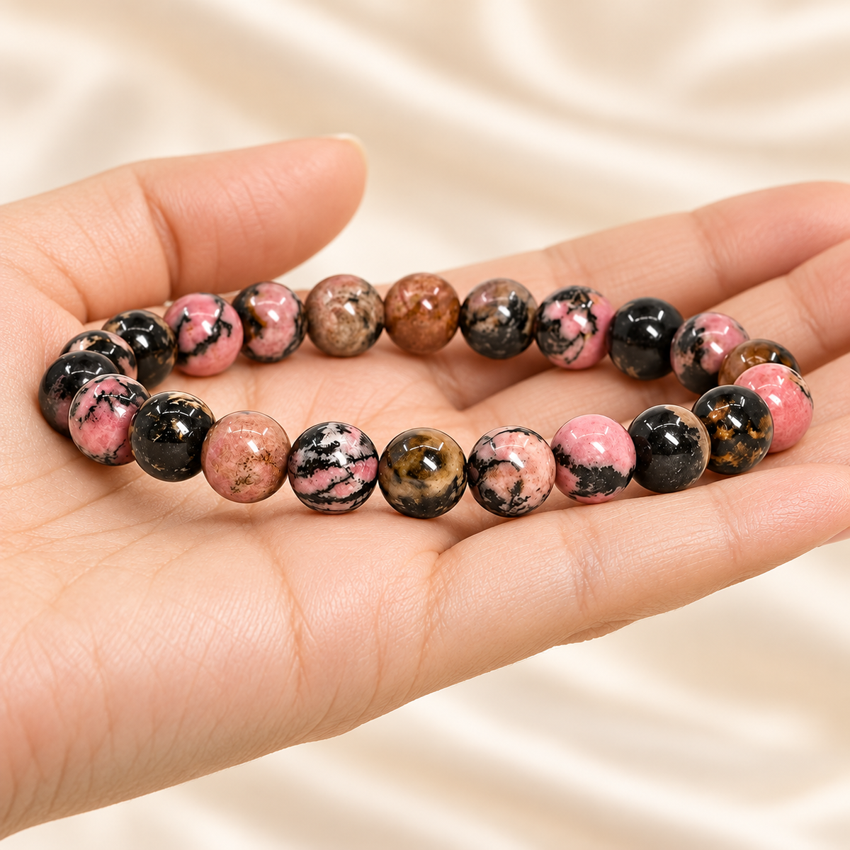 Natural Matrix Rhodonite Bracelet – 8mm Gemstone Jewellery — illustrative hand view