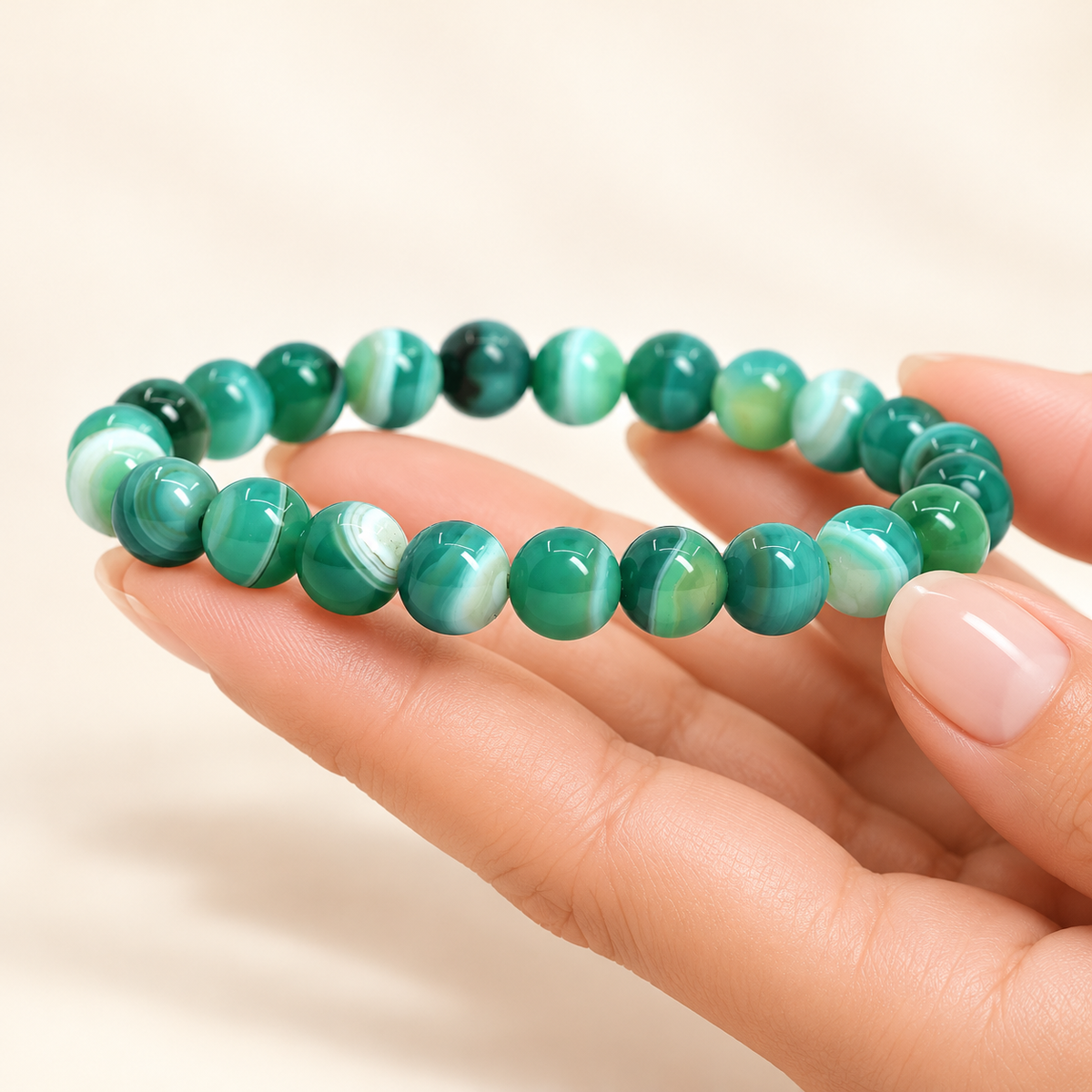 Green Banded Agate Bracelet – 8mm Natural Gemstone Jewellery — illustrative hand view