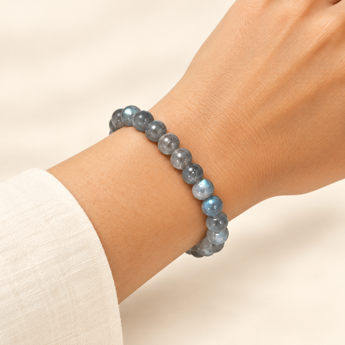 Natural Labradorite Bracelet – 8mm Gemstone Jewellery — illustrative wrist view