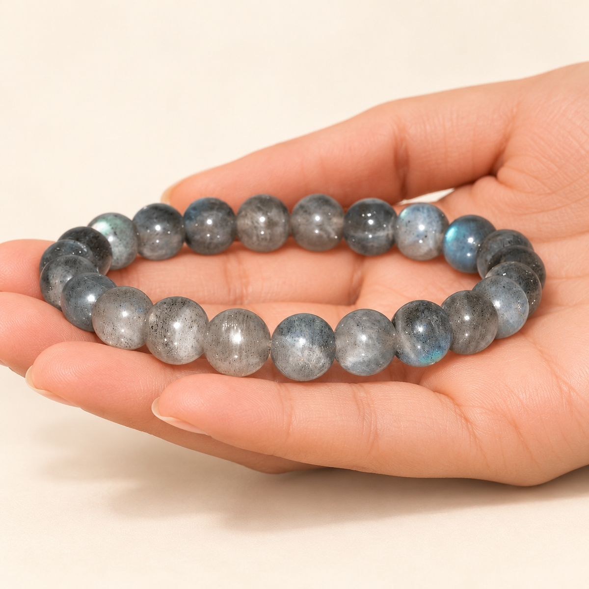 Natural Labradorite Bracelet – 8mm Gemstone Jewellery — illustrative hand view