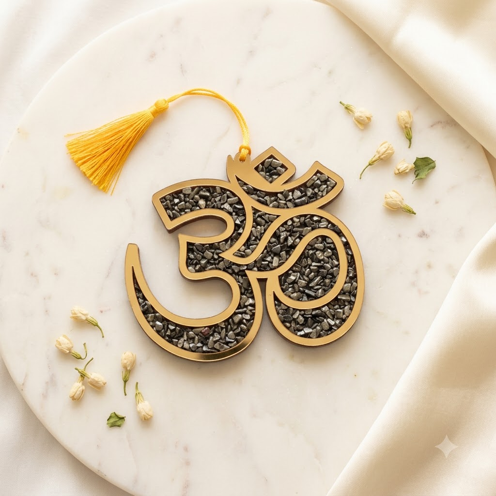Pyrite Om (ओम्) Wall & Car Hanging – Natural Pyrite Crystal Chips in Gold Om Frame | Peace • Prosperity • Divine Energy