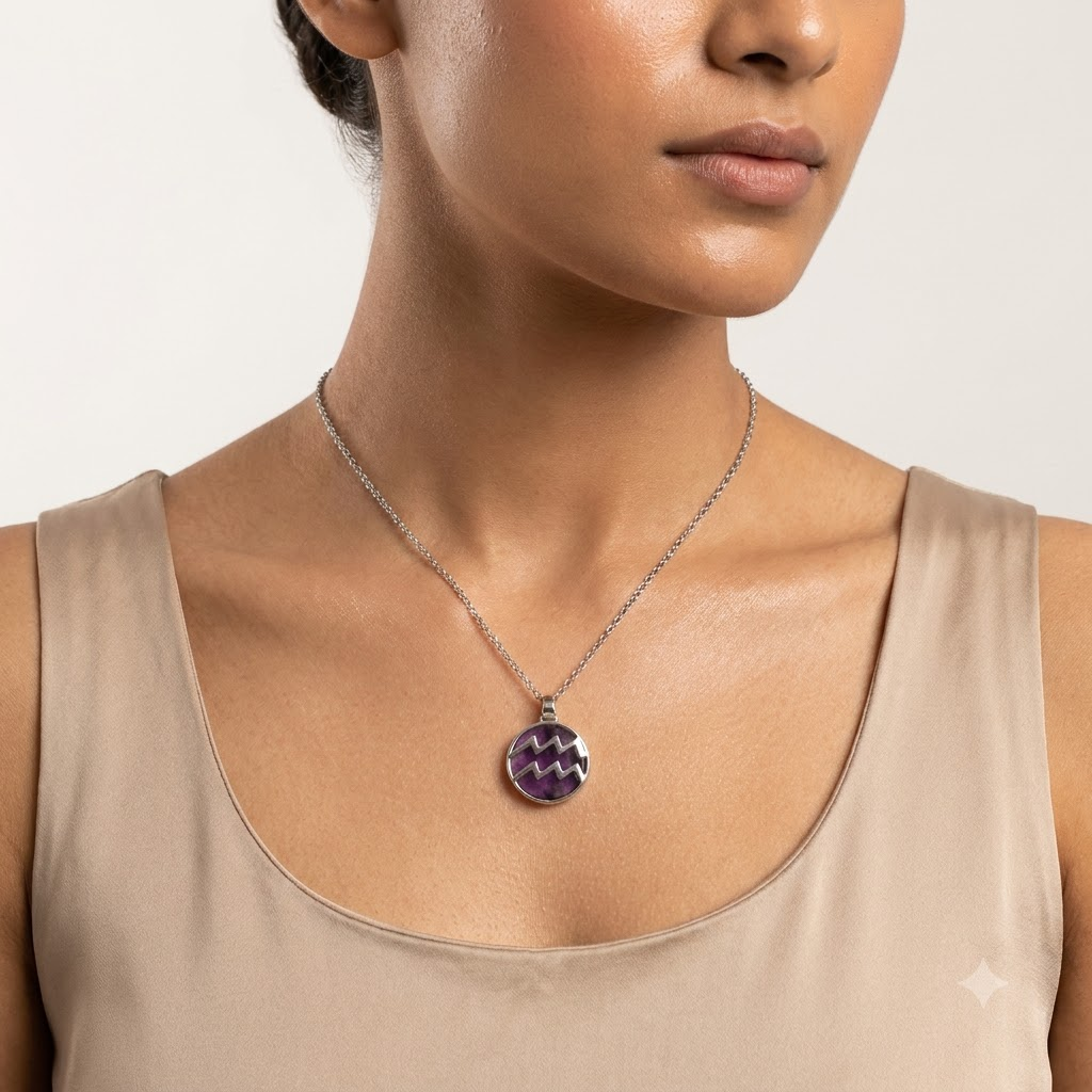 Aquarius (Kumbh) Zodiac Pendant | Amethyst Crystal | Kumbh Rashi Necklace