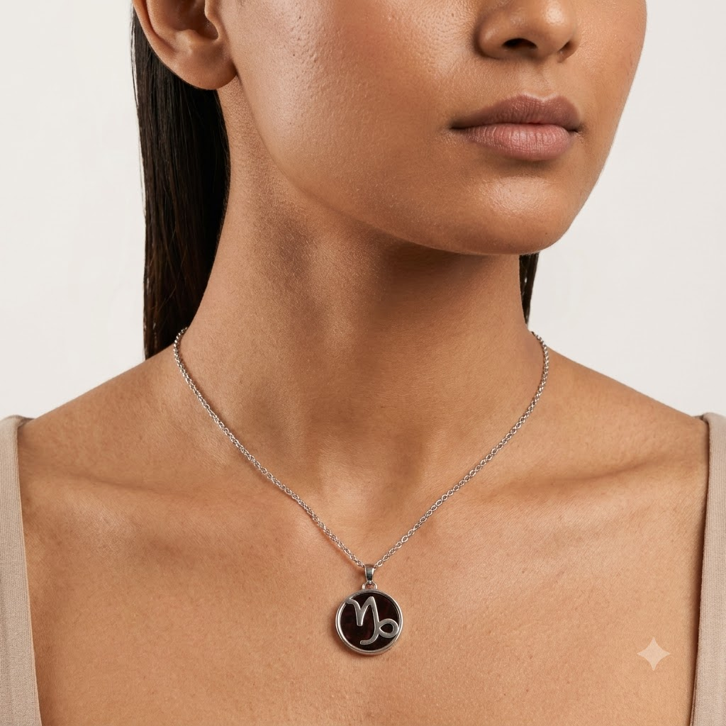 Capricorn (Makar) Zodiac Pendant | Garnet Crystal | Makar Rashi Necklace