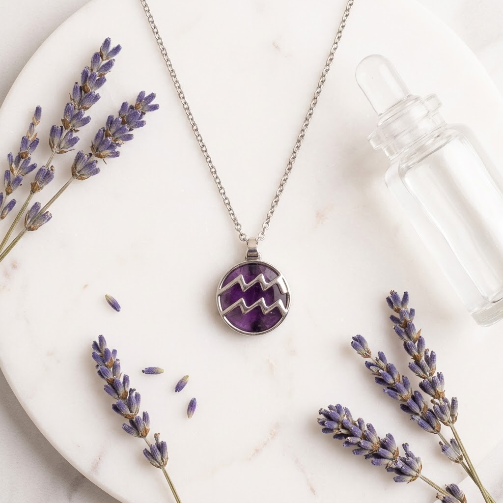 Aquarius (Kumbh) Zodiac Pendant | Amethyst Crystal | Kumbh Rashi Necklace