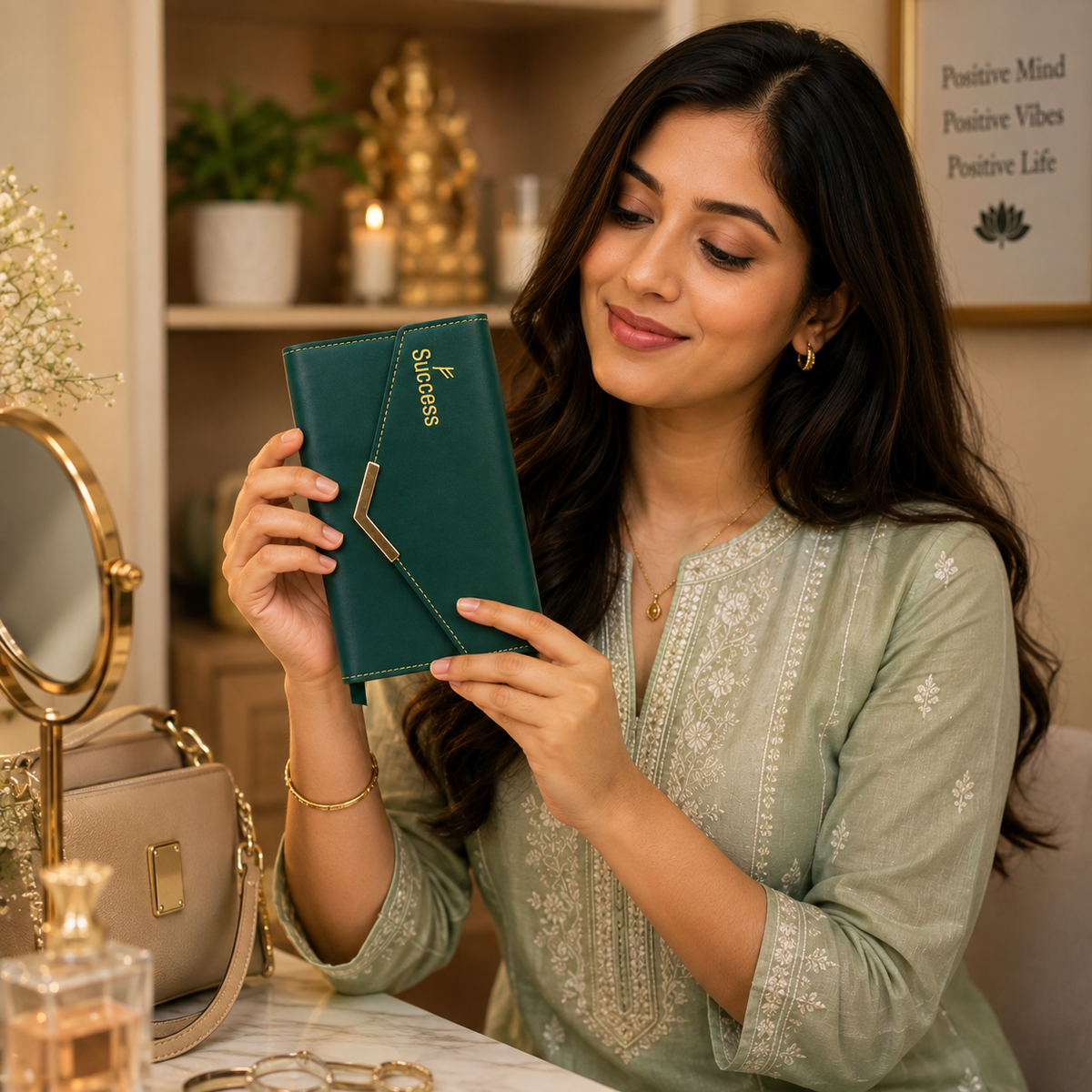 Success Green Leather Wallet – Premium Long Wallet for Wealth, Abundance & Prosperity
