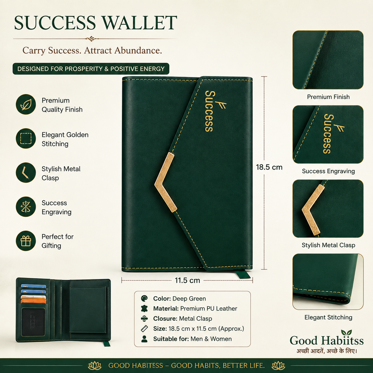 Success Green Leather Wallet – Premium Long Wallet for Wealth, Abundance & Prosperity
