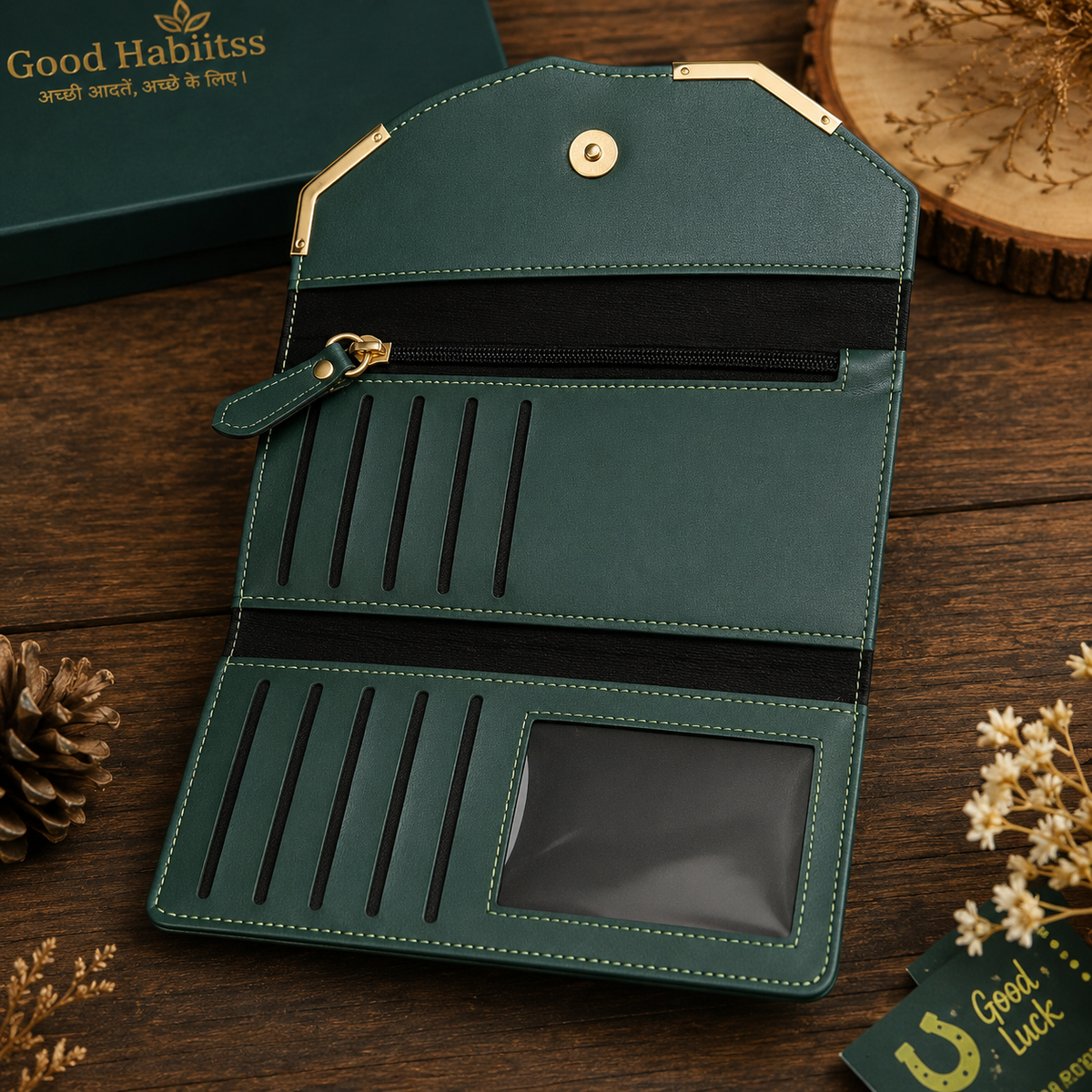 Success Green Leather Wallet – Premium Long Wallet for Wealth, Abundance & Prosperity