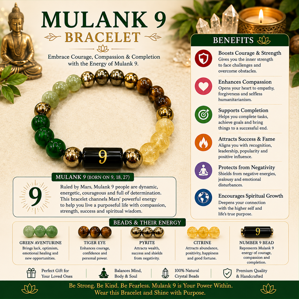 Mulank 9 Bracelet –  Courage, Success, Compassion & Spiritual Growth