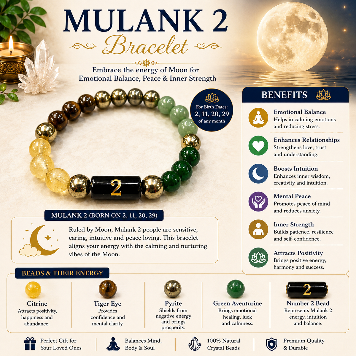 Mulank 2 Bracelet – Emotional Balance, Peace & Intuition