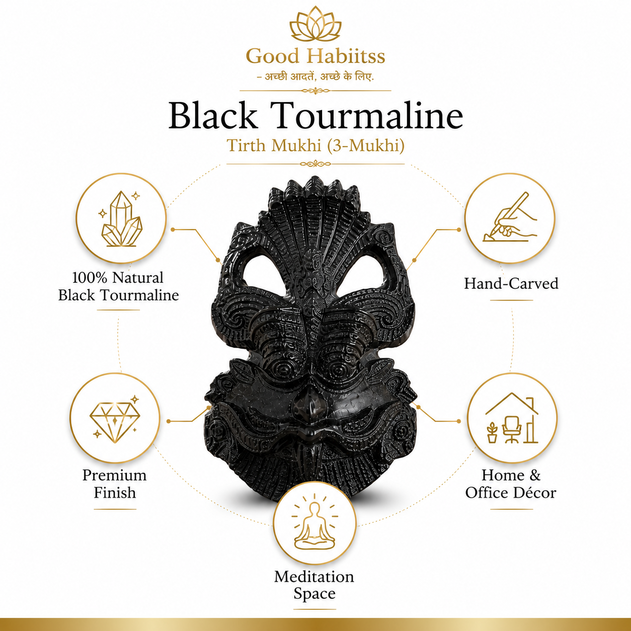 Black Tourmaline Tirth Mukhi (3-Mukhi) | Natural Crystal Idol