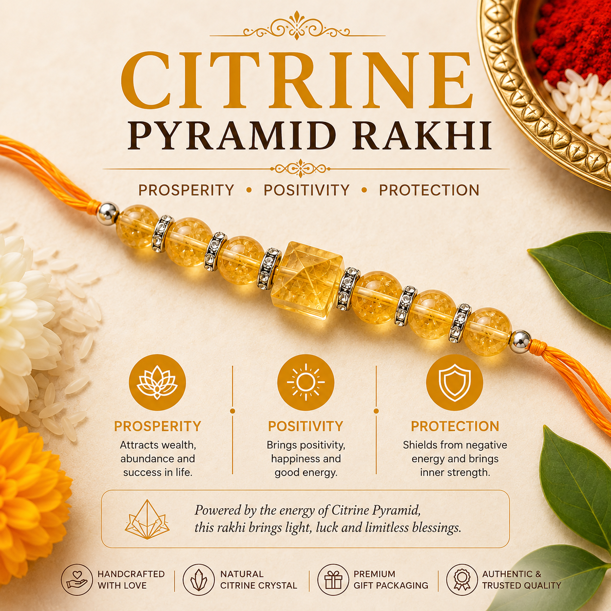 Citrine Pyramid Rakhi | Prosperity, Positivity & Protection