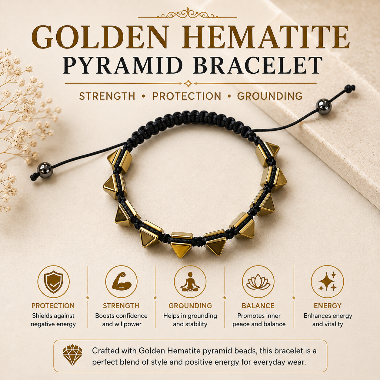 Golden Hematite Pyramid Bracelet | Strength, Protection & Grounding