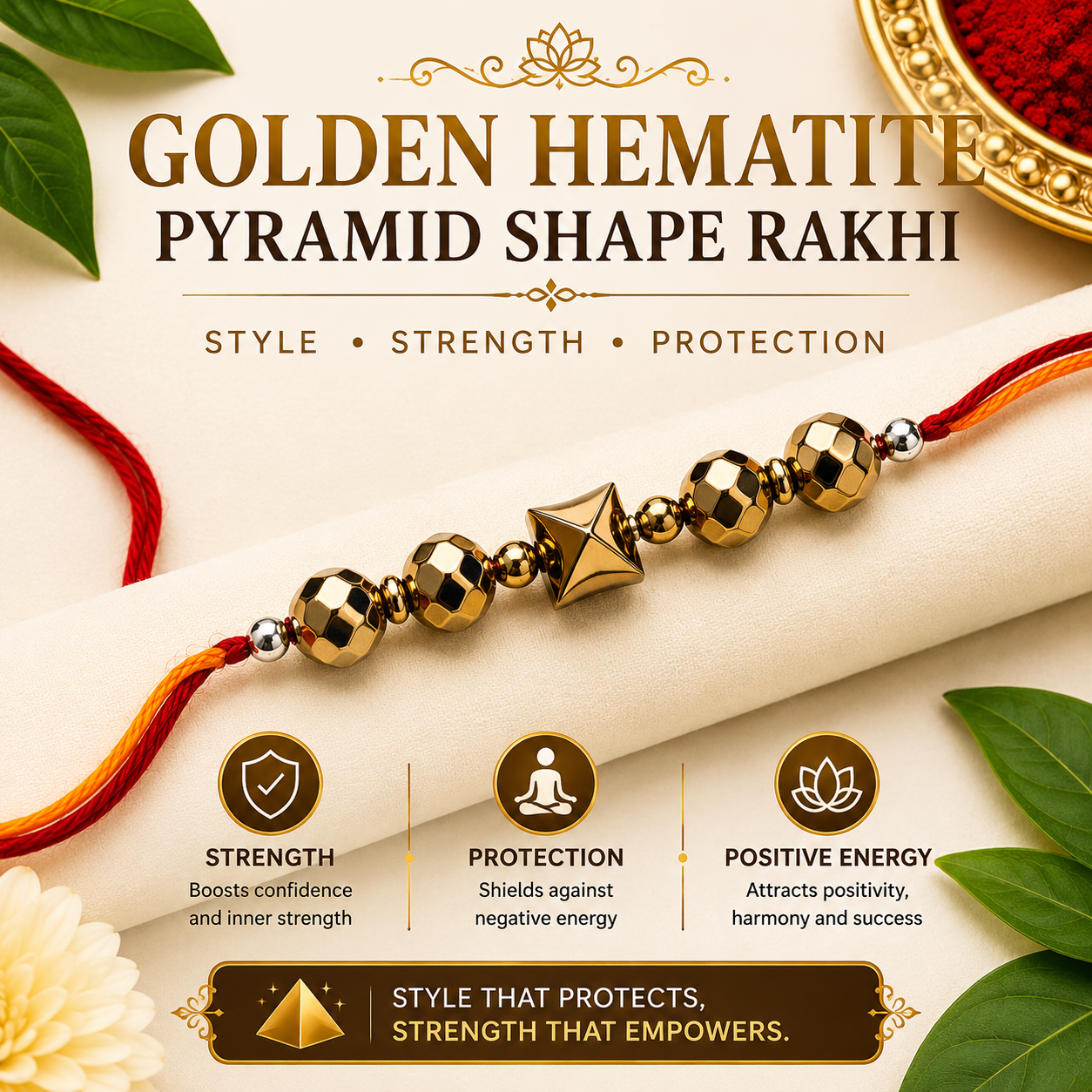 Golden Hematite Pyramid Shape Rakhi | Strength, Protection & Positive Energy