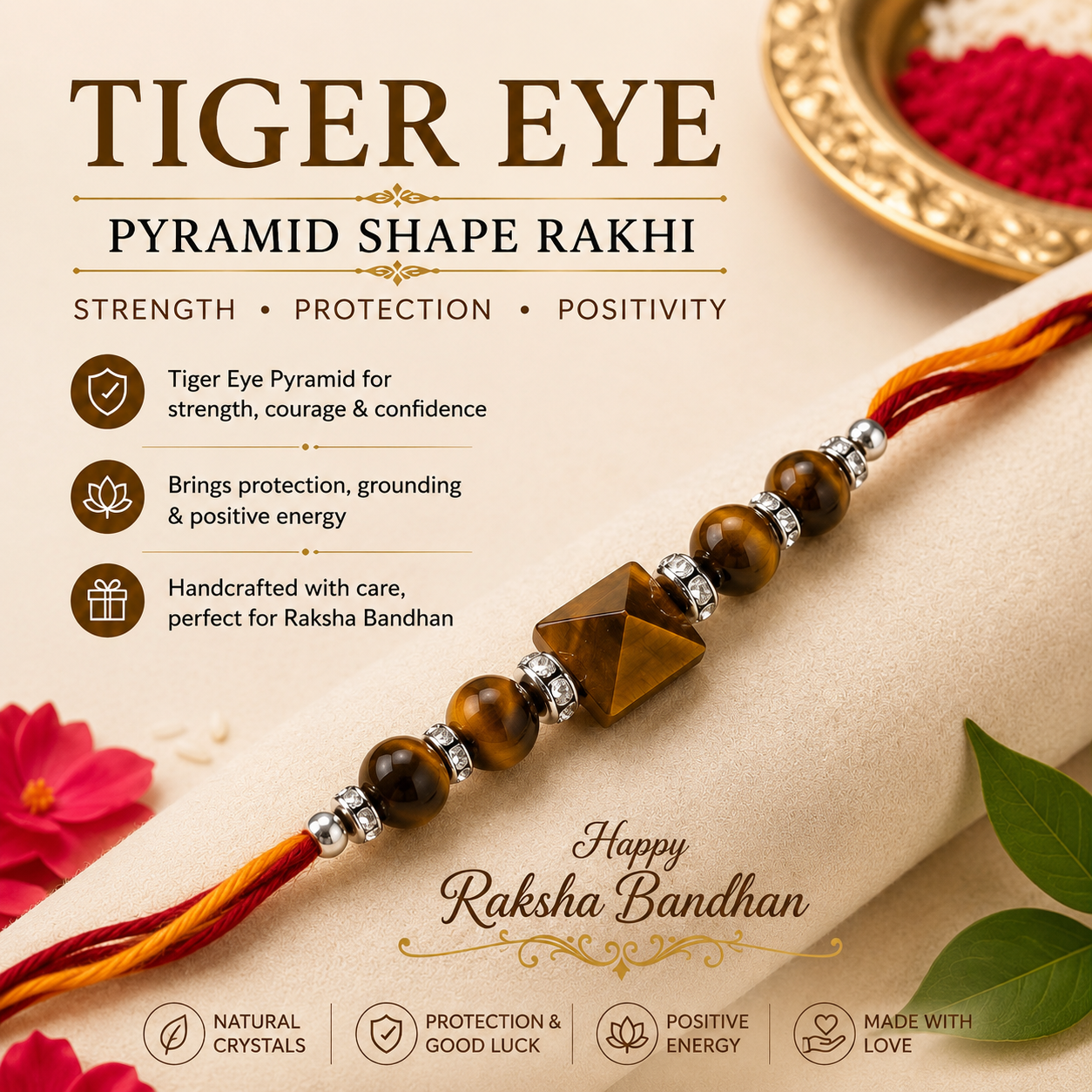 Tiger Eye Pyramid Shape Rakhi | Strength, Protection & Positivity