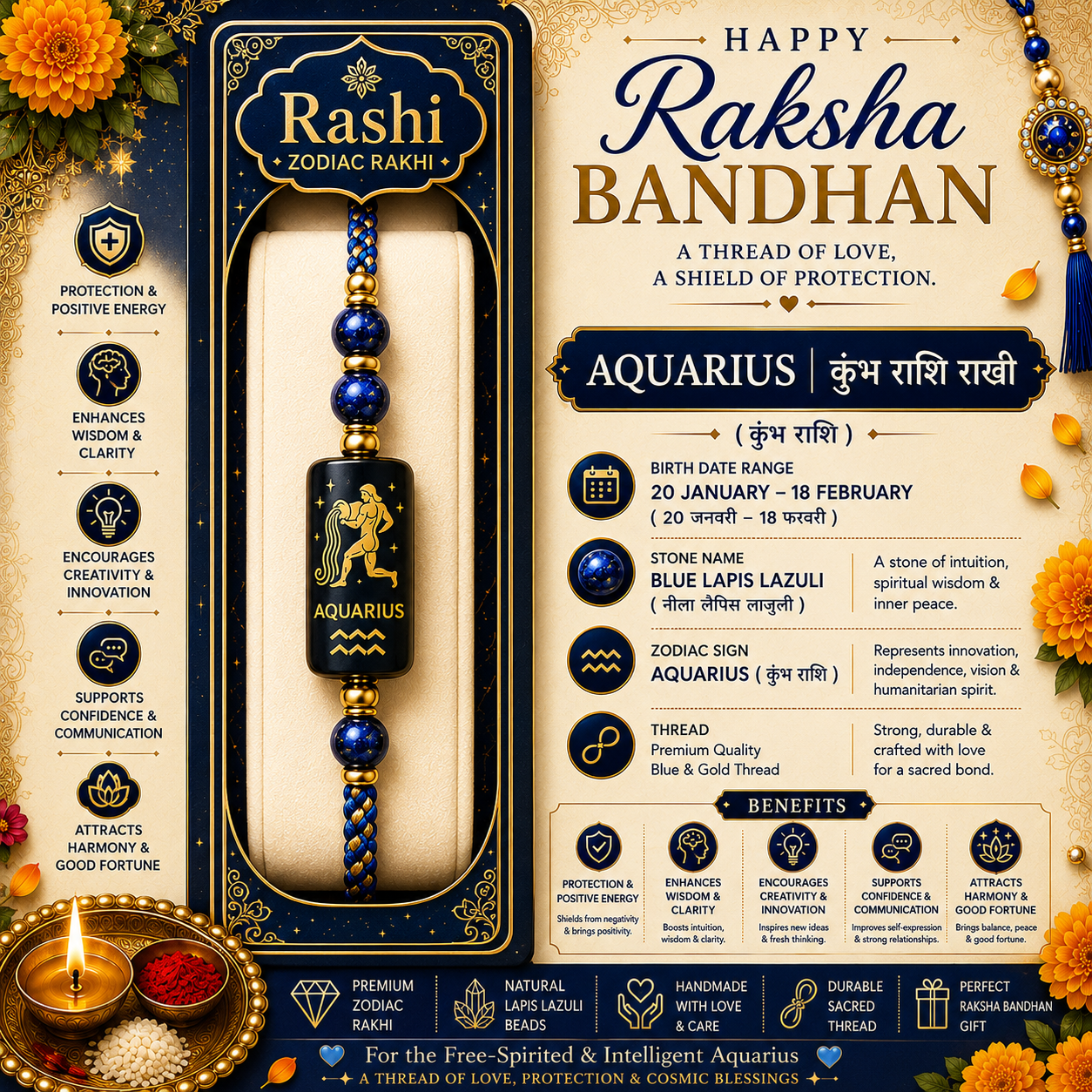 Aquarius Rashi Rakhi | Blue Lapis Lazuli