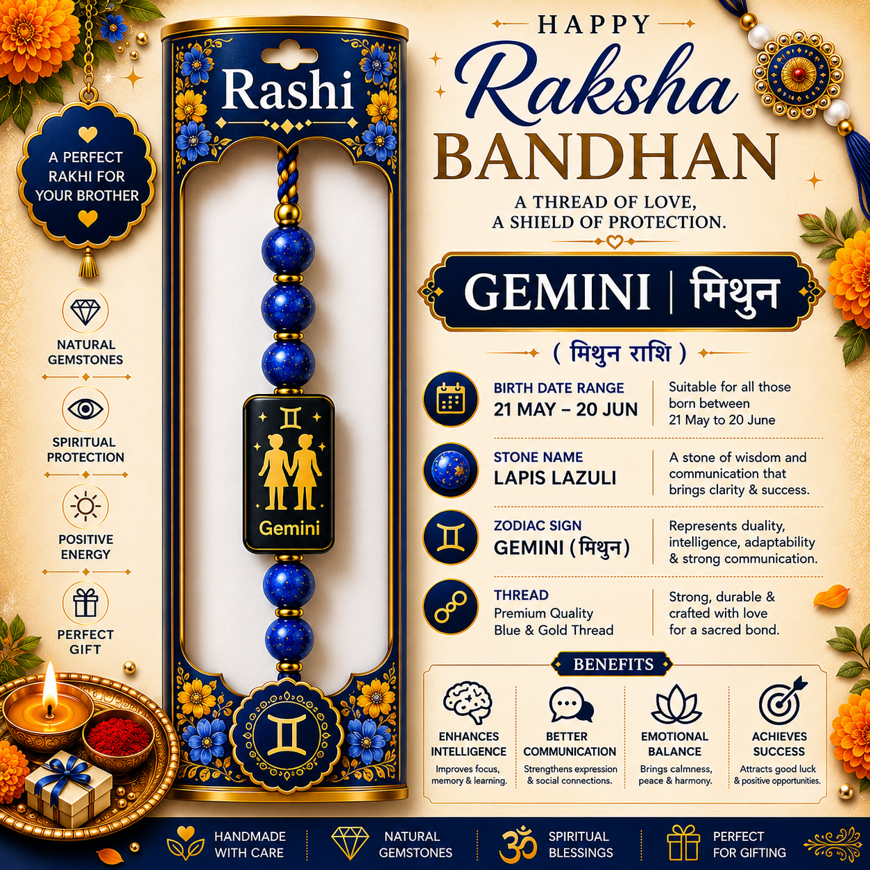 Gemini Rashi Rakhi | Lapis Lazuli